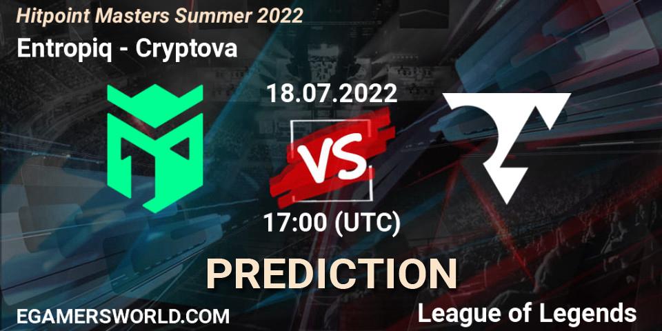 Pronósticos Entropiq - Cryptova. 18.07.2022 at 19:30. Hitpoint Masters Summer 2022 - LoL