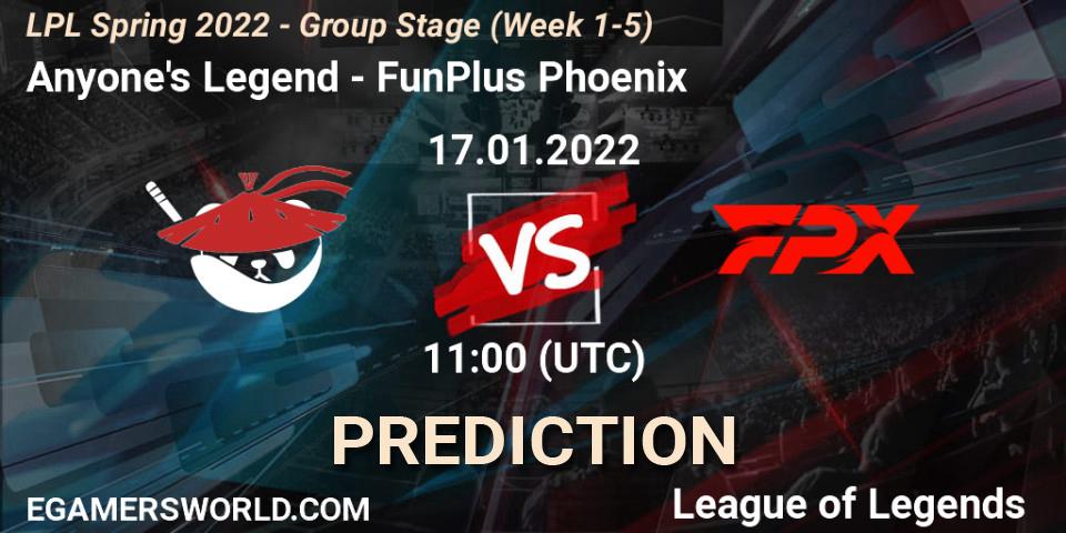 Pronósticos Anyone's Legend - FunPlus Phoenix. 17.01.22. LPL Spring 2022 - Group Stage (Week 1-5) - LoL