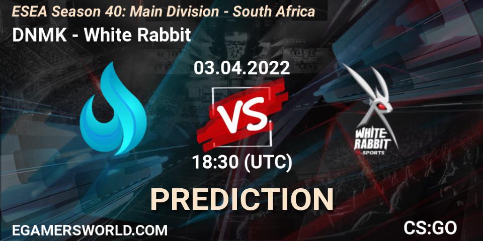 Pronósticos DNMK - White Rabbit. 04.04.2022 at 18:00. ESEA Season 40: Main Division - South Africa - Counter-Strike (CS2)