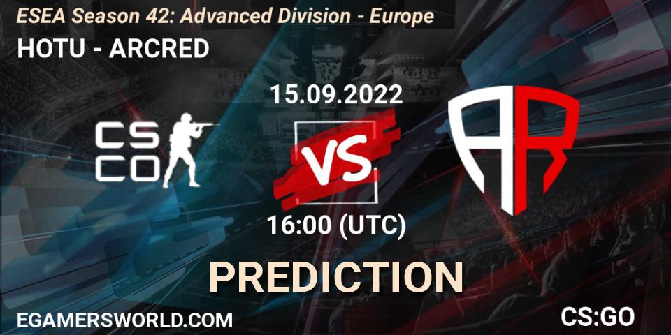 Pronósticos HOTU - ARCRED. 15.09.2022 at 16:00. ESEA Season 42: Advanced Division - Europe - Counter-Strike (CS2)