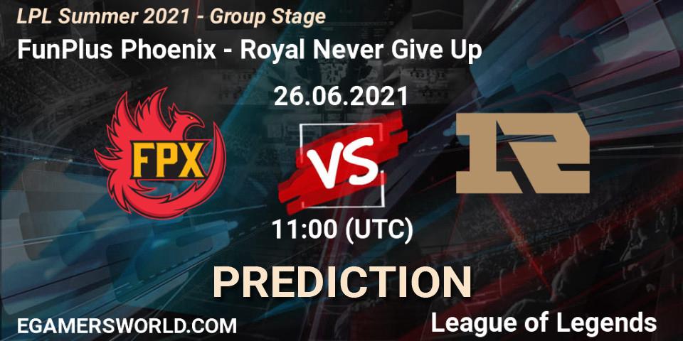 Pronósticos FunPlus Phoenix - Royal Never Give Up. 26.06.2021 at 11:00. LPL Summer 2021 - Group Stage - LoL