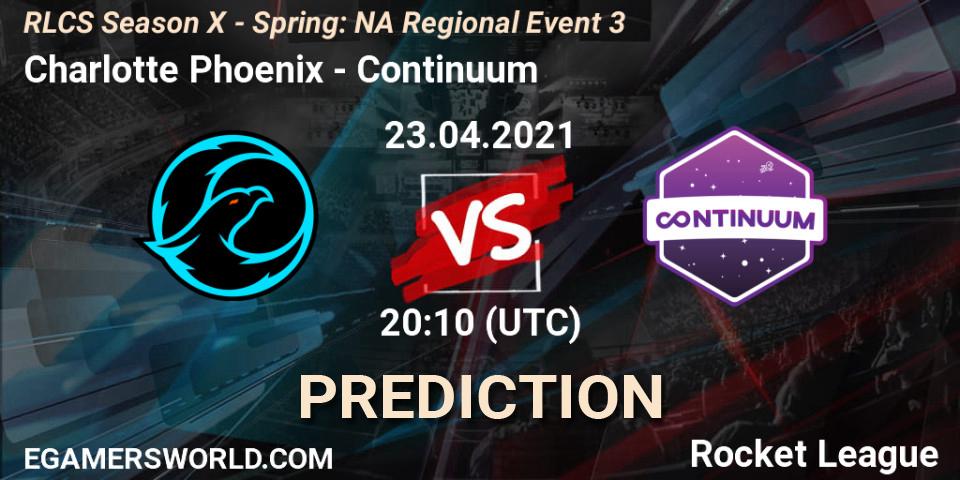 Pronósticos Charlotte Phoenix - Continuum. 23.04.2021 at 20:50. RLCS Season X - Spring: NA Regional Event 3 - Rocket League