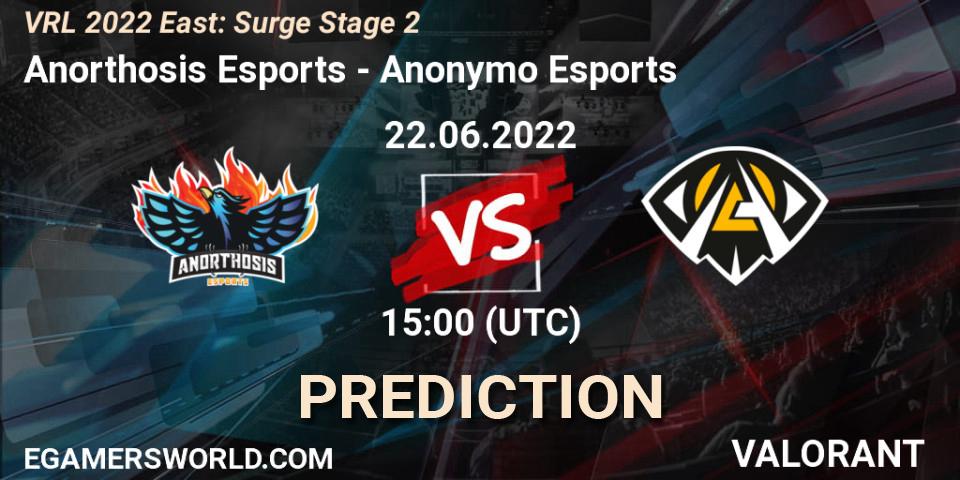 Pronósticos Anorthosis Esports - Anonymo Esports. 22.06.2022 at 15:00. VRL 2022 East: Surge Stage 2 - VALORANT