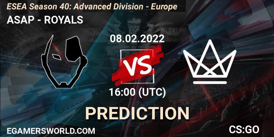 Pronósticos ASAP - ROYALS. 08.02.2022 at 16:00. ESEA Season 40: Advanced Division - Europe - Counter-Strike (CS2)