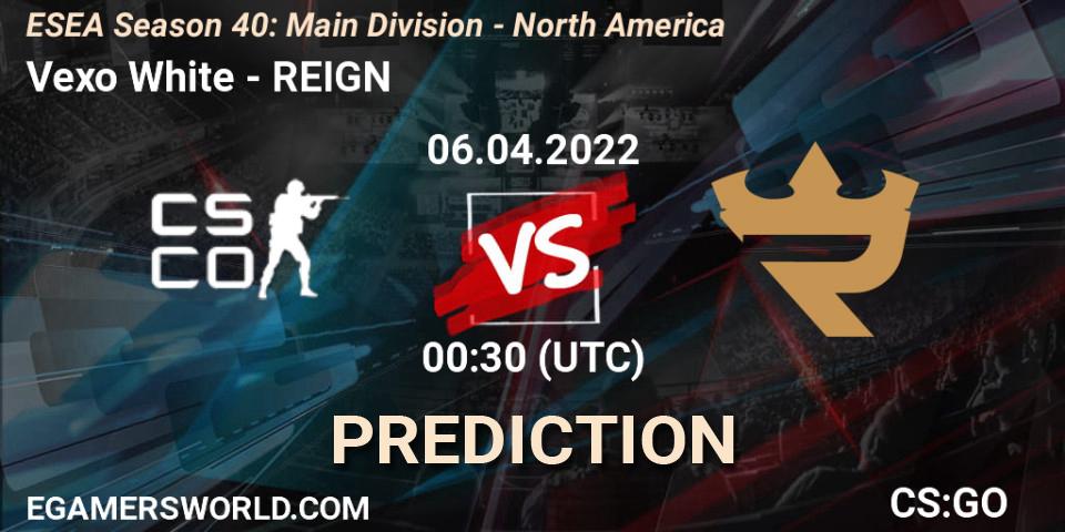 Pronósticos Vexo White - REIGN. 06.04.2022 at 00:30. ESEA Season 40: Main Division - North America - Counter-Strike (CS2)