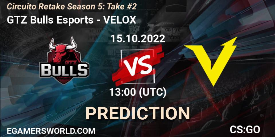 Pronósticos GTZ Bulls Esports - VELOX. 15.10.2022 at 13:00. Circuito Retake Season 5: Take #2 - Counter-Strike (CS2)