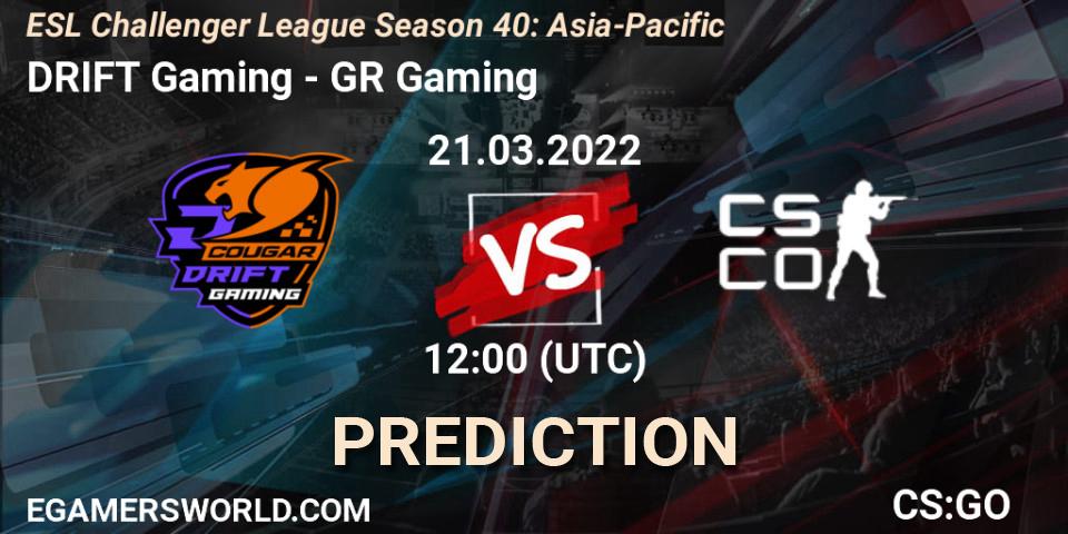 Pronósticos DRIFT Gaming - GR Gaming. 21.03.2022 at 12:00. ESL Challenger League Season 40: Asia-Pacific - Counter-Strike (CS2)