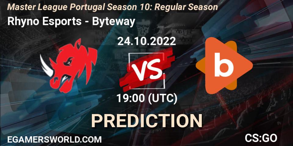Pronósticos Rhyno Esports - Byteway. 24.10.2022 at 19:00. Master League Portugal Season 10: Regular Season - Counter-Strike (CS2)
