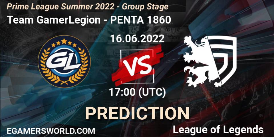 Pronósticos Team GamerLegion - PENTA 1860. 16.06.2022 at 17:00. Prime League Summer 2022 - Group Stage - LoL