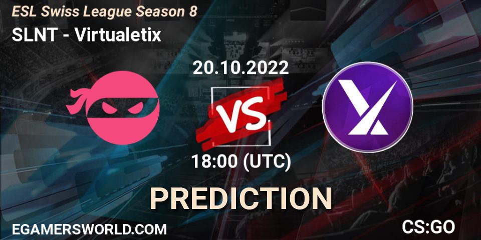 Pronósticos SLNT - Virtualetix. 20.10.2022 at 18:00. ESL Swiss League Season 8 - Counter-Strike (CS2)