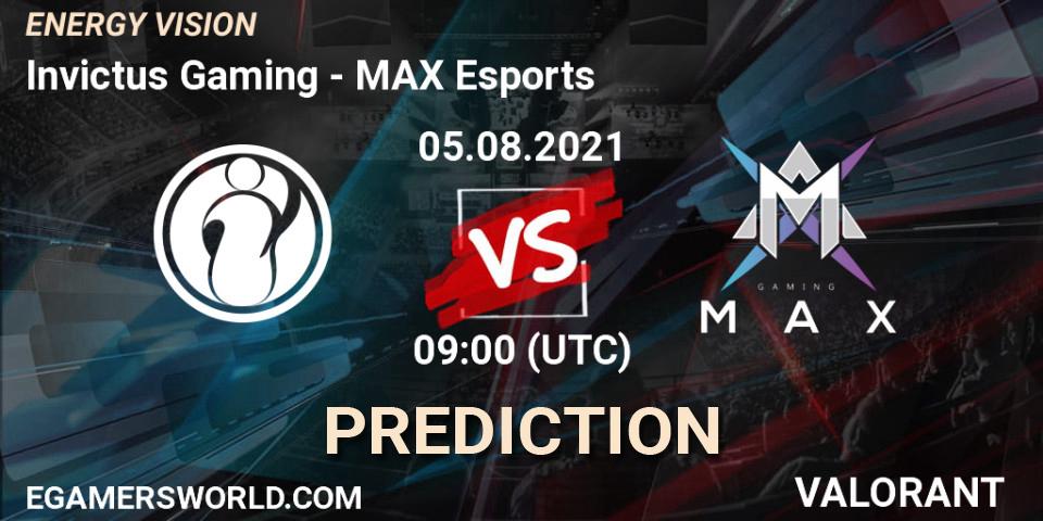 Pronósticos Invictus Gaming - MAX Esports. 05.08.2021 at 09:00. ENERGY VISION - VALORANT