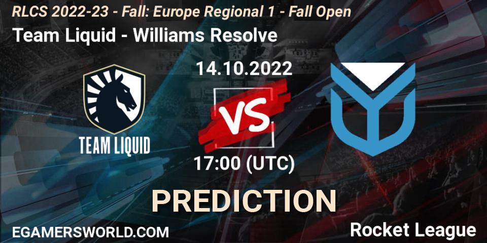 Pronósticos Team Liquid - Williams Resolve. 14.10.2022 at 15:00. RLCS 2022-23 - Fall: Europe Regional 1 - Fall Open - Rocket League