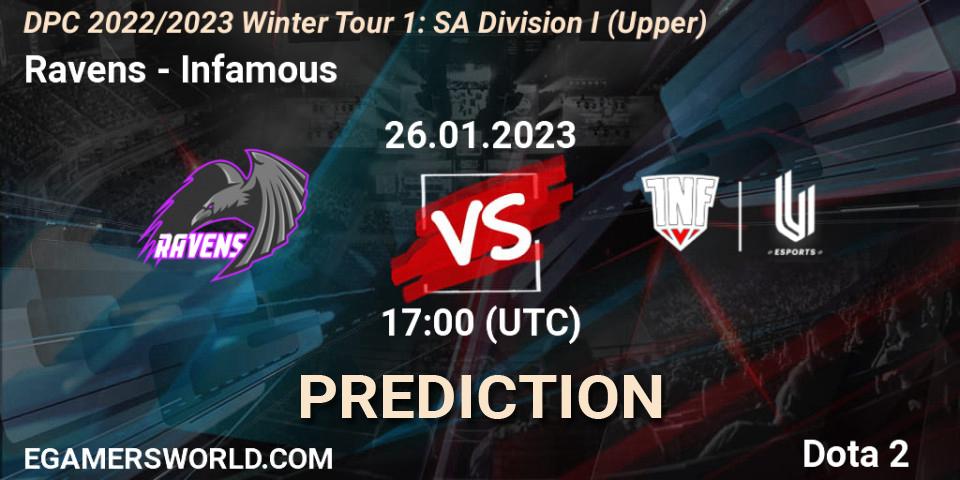 Pronósticos Ravens - Infamous. 26.01.2023 at 17:11. DPC 2022/2023 Winter Tour 1: SA Division I (Upper) - Dota 2