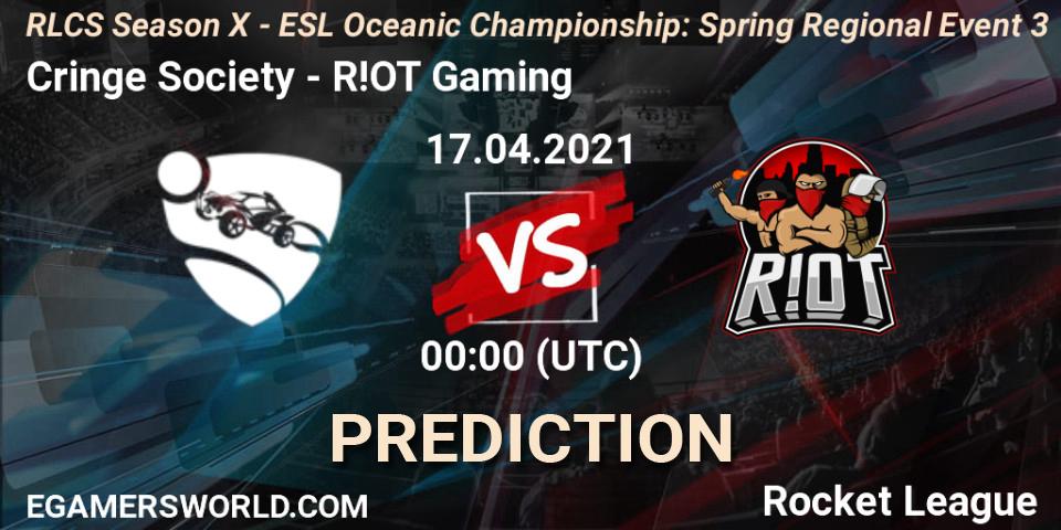 Pronósticos Cringe Society - R!OT Gaming. 17.04.2021 at 00:00. RLCS Season X - ESL Oceanic Championship: Spring Regional Event 3 - Rocket League