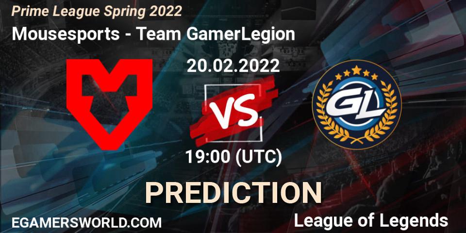 Pronósticos Mousesports - Team GamerLegion. 20.02.2022 at 19:00. Prime League Spring 2022 - LoL