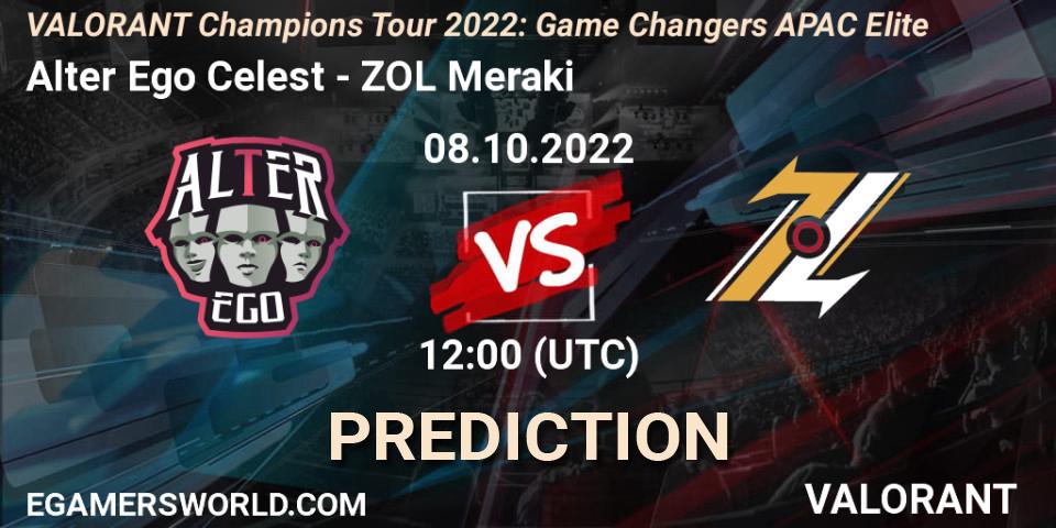 Pronósticos Alter Ego Celestè - ZOL Meraki. 08.10.2022 at 12:30. VCT 2022: Game Changers APAC Elite - VALORANT