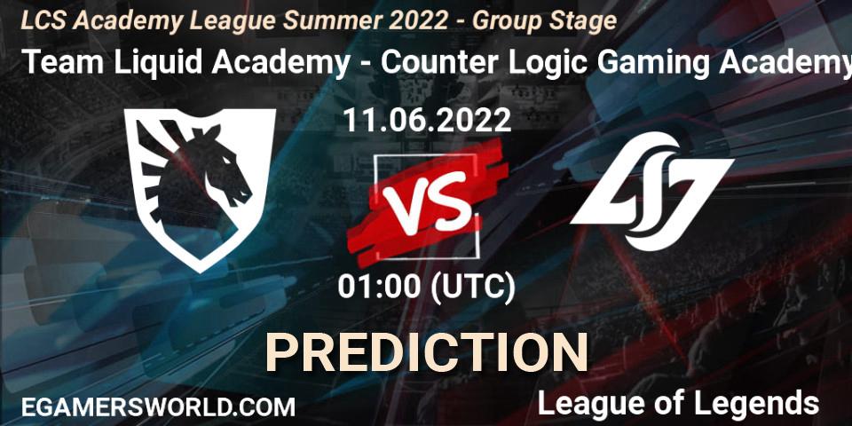 Pronósticos Team Liquid Academy - Counter Logic Gaming Academy. 11.06.2022 at 00:00. LCS Academy League Summer 2022 - Group Stage - LoL