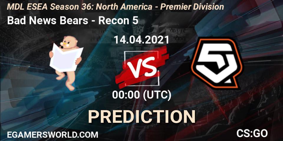 Pronósticos Bad News Bears - Recon 5. 14.04.2021 at 00:00. MDL ESEA Season 36: North America - Premier Division - Counter-Strike (CS2)