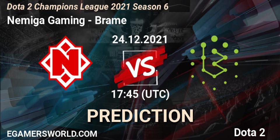 Pronósticos Nemiga Gaming - Brame. 24.12.2021 at 17:42. Dota 2 Champions League 2021 Season 6 - Dota 2