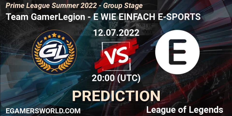 Pronósticos Team GamerLegion - E WIE EINFACH E-SPORTS. 12.07.2022 at 20:00. Prime League Summer 2022 - Group Stage - LoL