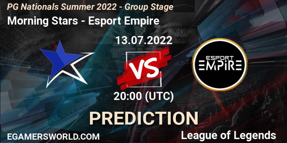 Pronósticos Morning Stars - Esport Empire. 13.07.2022 at 20:00. PG Nationals Summer 2022 - Group Stage - LoL