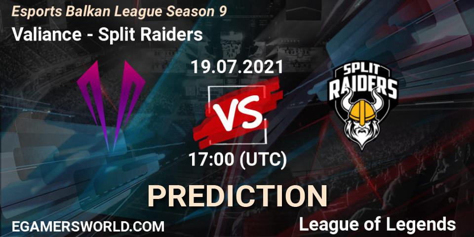 Pronósticos Valiance - Split Raiders. 19.07.2021 at 17:00. Esports Balkan League Season 9 - LoL