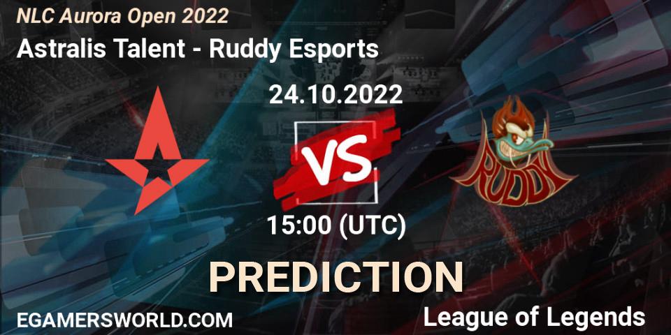 Pronósticos Astralis Talent - Ruddy Esports. 24.10.2022 at 15:00. NLC Aurora Open 2022 - LoL