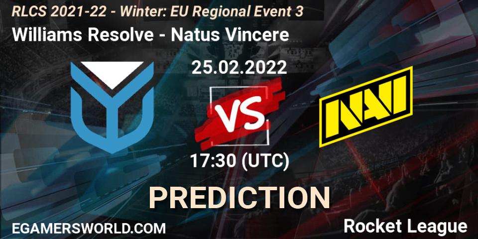 Pronósticos Williams Resolve - Natus Vincere. 25.02.2022 at 17:30. RLCS 2021-22 - Winter: EU Regional Event 3 - Rocket League