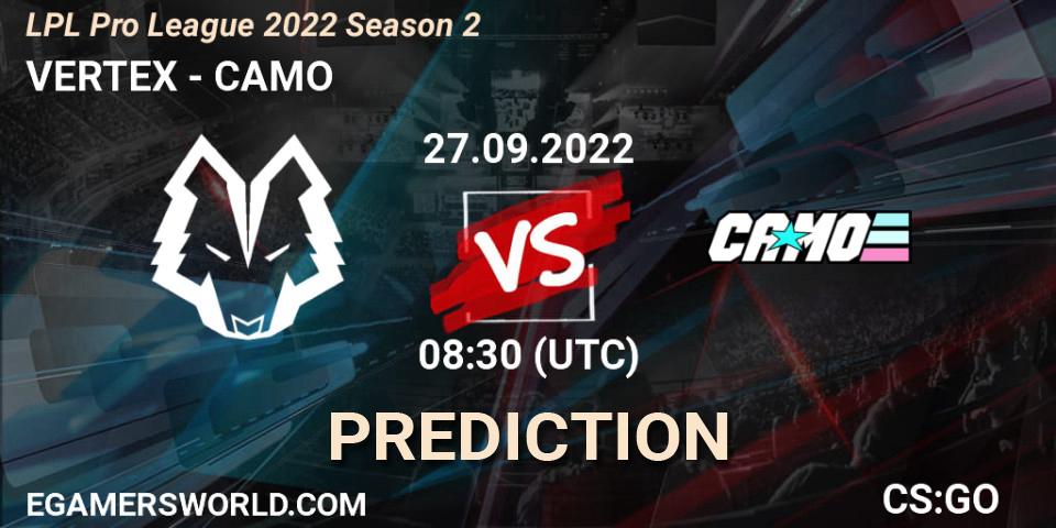 Pronósticos VERTEX - CAMO. 27.09.2022 at 08:40. LPL Pro League 2022 Season 2 - Counter-Strike (CS2)