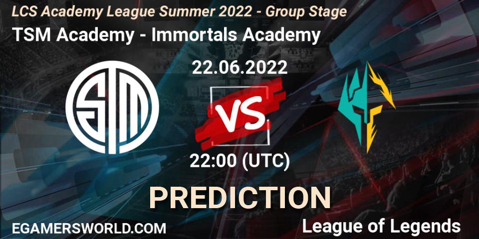 Pronósticos TSM Academy - Immortals Academy. 22.06.22. LCS Academy League Summer 2022 - Group Stage - LoL