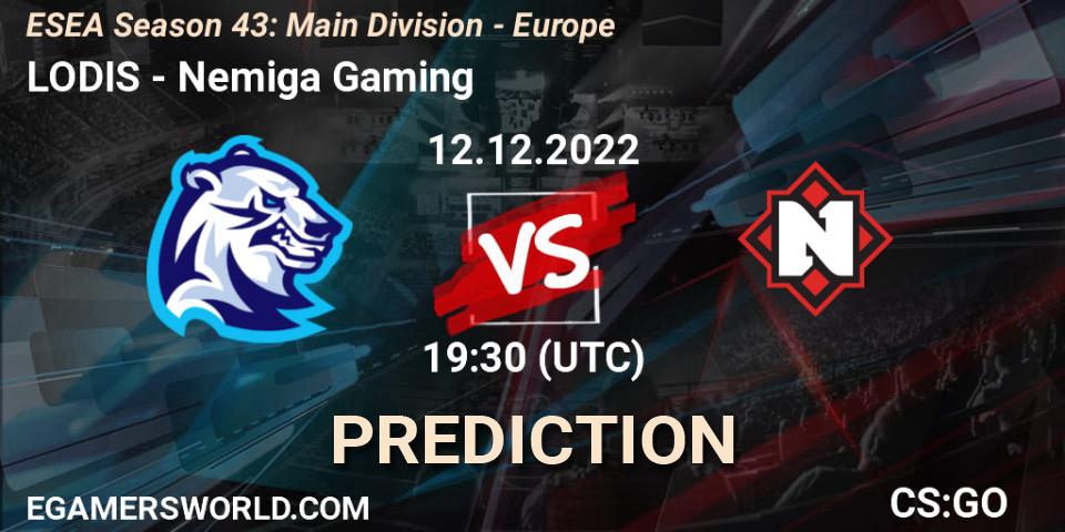 Pronósticos LODIS - Nemiga Gaming. 12.12.2022 at 19:30. ESEA Season 43: Main Division - Europe - Counter-Strike (CS2)