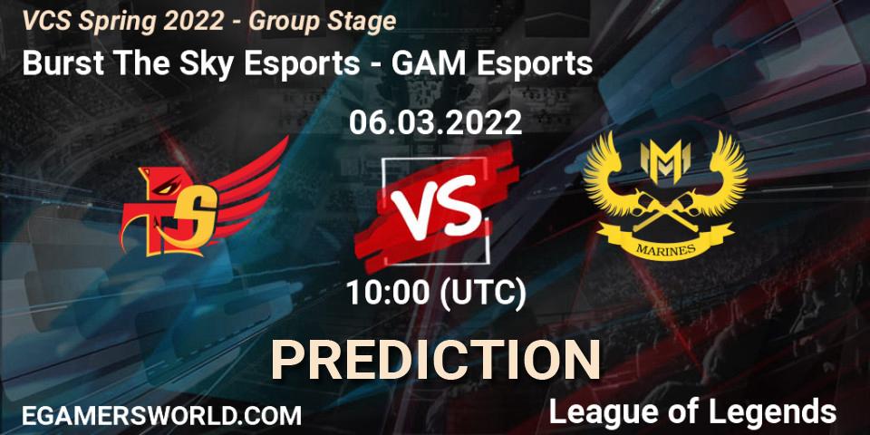 Pronósticos Burst The Sky Esports - GAM Esports. 06.03.2022 at 10:00. VCS Spring 2022 - Group Stage - LoL
