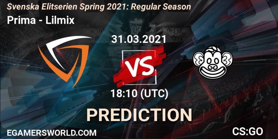 Pronósticos Prima - Lilmix. 31.03.2021 at 18:10. Svenska Elitserien Spring 2021: Regular Season - Counter-Strike (CS2)