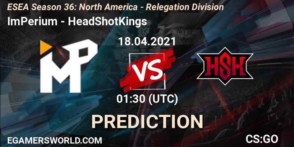 Pronósticos ImPerium - HeadShotKings. 18.04.2021 at 01:30. ESEA Season 36: North America - Relegation Division - Counter-Strike (CS2)