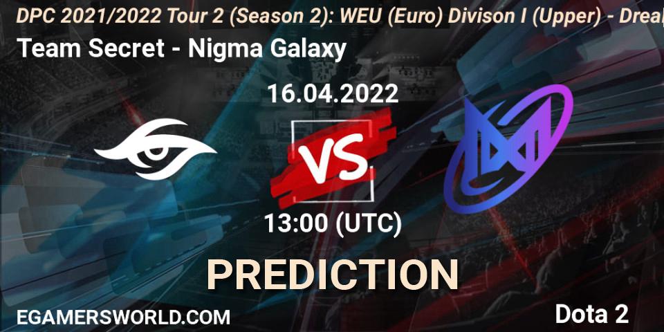 Pronósticos Team Secret - Nigma Galaxy. 16.04.2022 at 12:57. DPC 2021/2022 Tour 2 (Season 2): WEU (Euro) Divison I (Upper) - DreamLeague Season 17 - Dota 2
