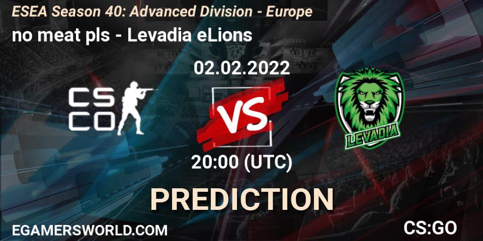 Pronósticos no meat pls - Levadia eLions. 02.02.2022 at 20:00. ESEA Season 40: Advanced Division - Europe - Counter-Strike (CS2)