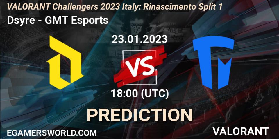 Pronósticos Dsyre - GMT Esports. 23.01.2023 at 18:00. VALORANT Challengers 2023 Italy: Rinascimento Split 1 - VALORANT