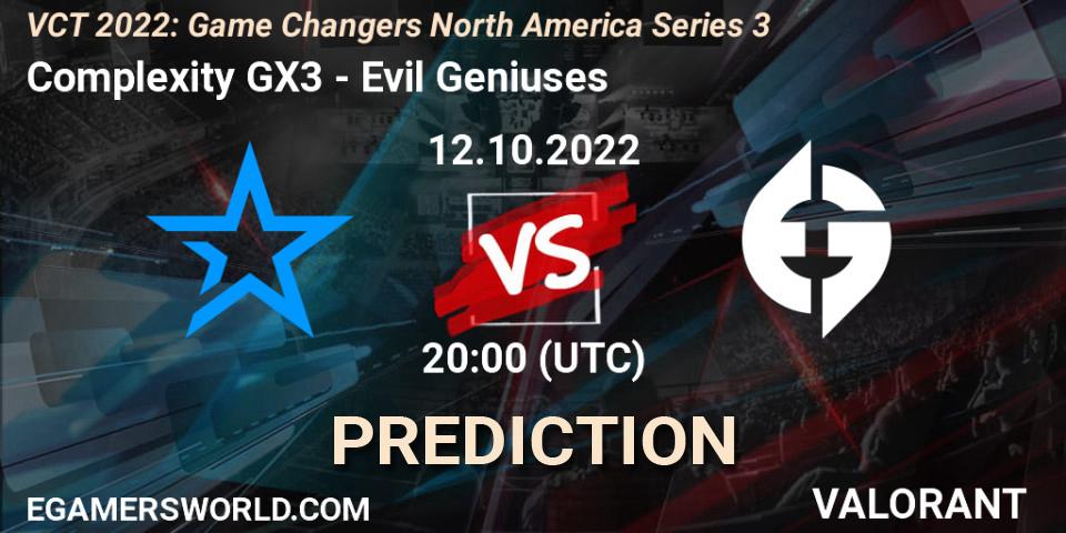 Pronósticos Complexity GX3 - Evil Geniuses. 12.10.2022 at 20:10. VCT 2022: Game Changers North America Series 3 - VALORANT