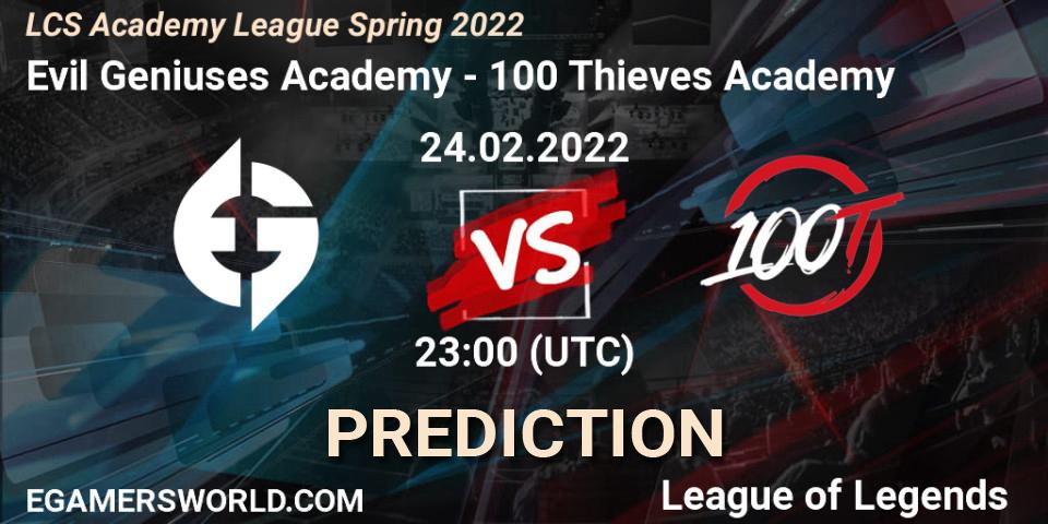 Pronósticos Evil Geniuses Academy - 100 Thieves Academy. 24.02.2022 at 23:00. LCS Academy League Spring 2022 - LoL