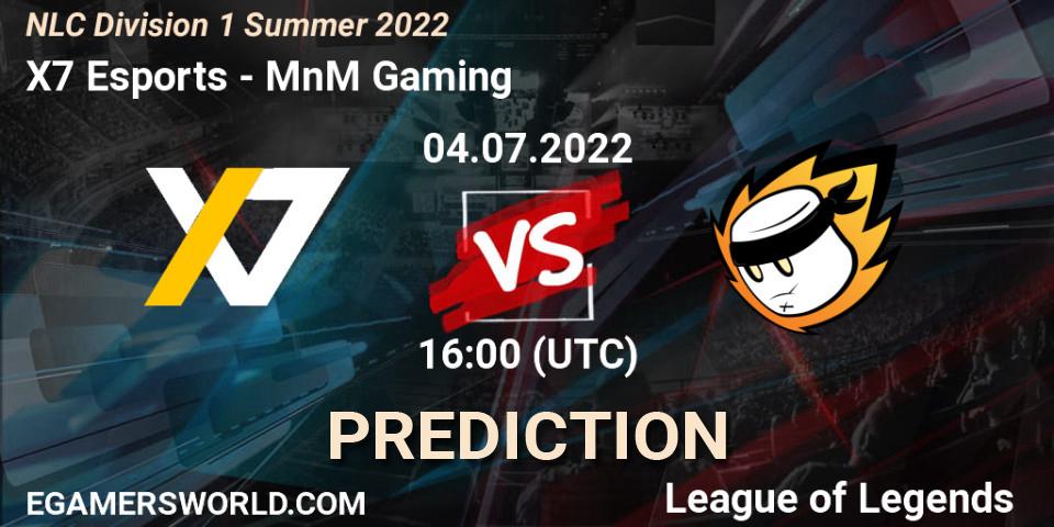 Pronósticos X7 Esports - MnM Gaming. 04.07.2022 at 16:00. NLC Division 1 Summer 2022 - LoL