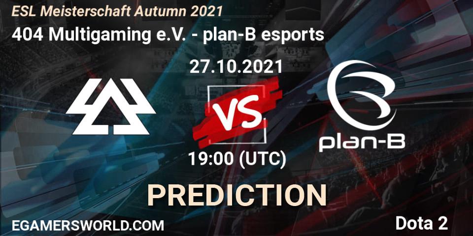 Pronósticos 404 Multigaming e.V. - plan-B esports. 27.10.2021 at 19:01. ESL Meisterschaft Autumn 2021 - Dota 2