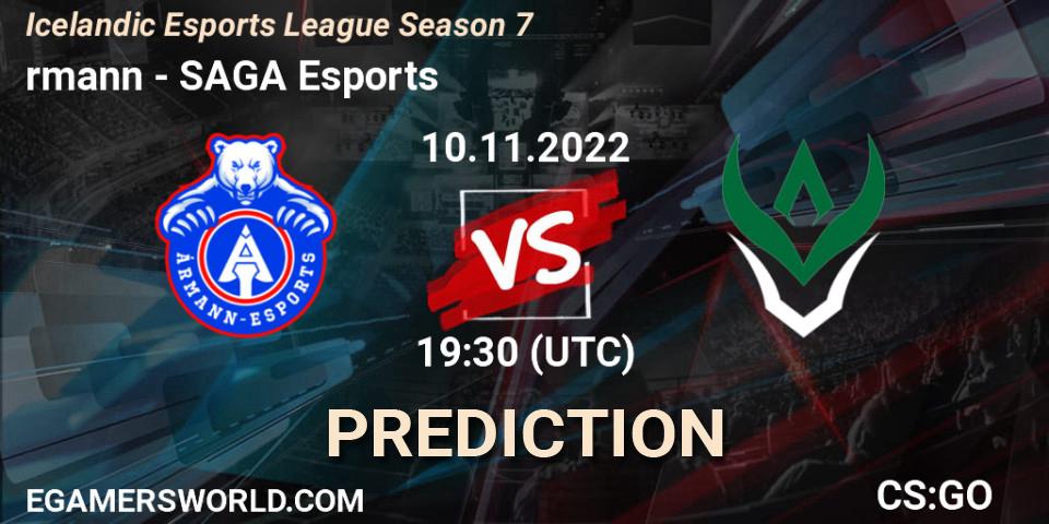 Pronósticos Ármann - SAGA Esports. 10.11.2022 at 19:30. Icelandic Esports League Season 7 - Counter-Strike (CS2)