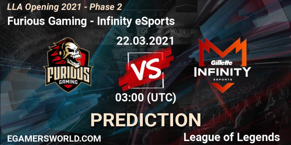 Pronósticos Furious Gaming - Infinity eSports. 22.03.2021 at 03:00. LLA Opening 2021 - Phase 2 - LoL
