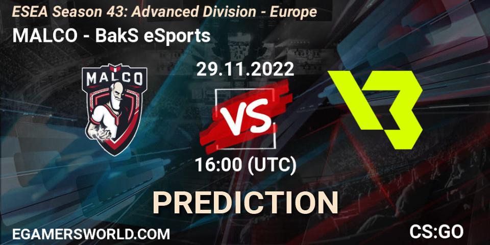 Pronósticos MALCO - BakS eSports. 29.11.22. ESEA Season 43: Advanced Division - Europe - CS2 (CS:GO)