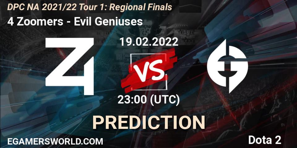 Pronósticos 4 Zoomers - Evil Geniuses. 19.02.2022 at 23:03. DPC NA 2021/22 Tour 1: Regional Finals - Dota 2