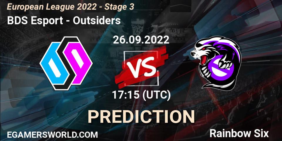 Pronósticos BDS Esport - Outsiders. 26.09.2022 at 17:15. European League 2022 - Stage 3 - Rainbow Six