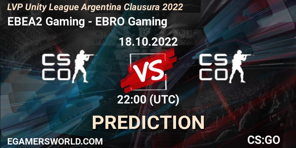 Pronósticos EBEA2 Gaming - EBRO Gaming. 18.10.2022 at 22:00. LVP Unity League Argentina Clausura 2022 - Counter-Strike (CS2)