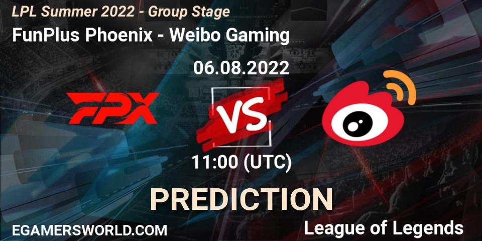 Pronósticos FunPlus Phoenix - Weibo Gaming. 06.08.2022 at 12:00. LPL Summer 2022 - Group Stage - LoL