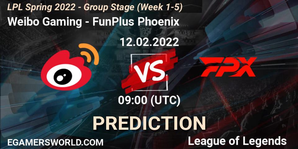 Pronósticos Weibo Gaming - FunPlus Phoenix. 12.02.2022 at 09:00. LPL Spring 2022 - Group Stage (Week 1-5) - LoL