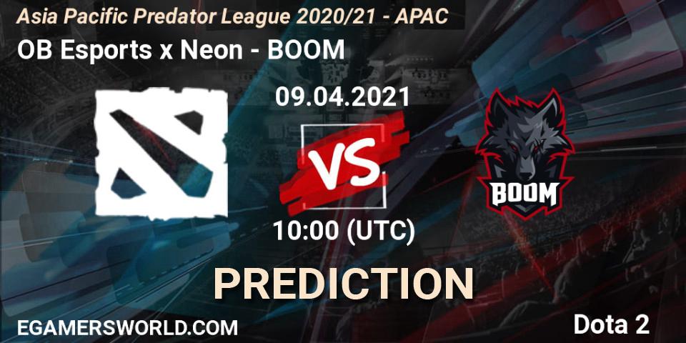 Pronósticos OB Esports x Neon - BOOM. 09.04.2021 at 09:09. Asia Pacific Predator League 2020/21 - APAC - Dota 2